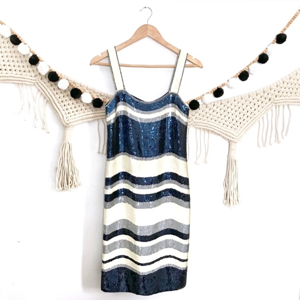 Tory Burch Edna Navy White Sequin Stripe Dress - Picture 3 of 8